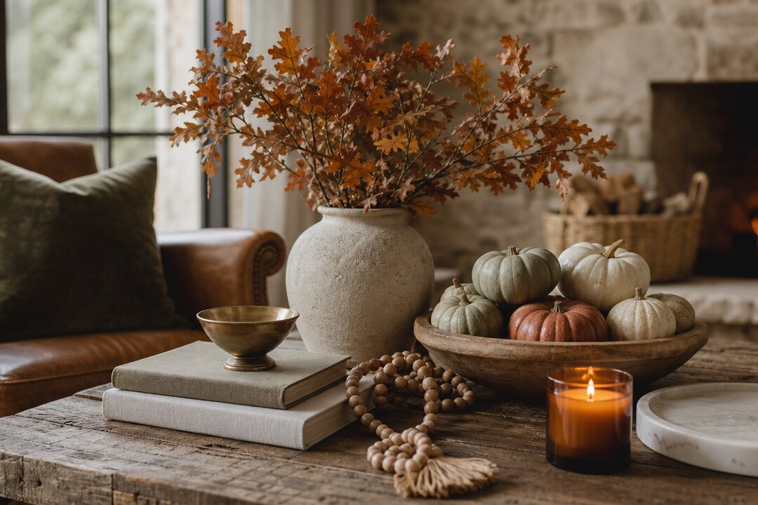 Fall styling pieces on a wooden shelf: oak stems in a stoneware vase, velvet pumpkins, an amber candle, and a plaid lumbar pillow